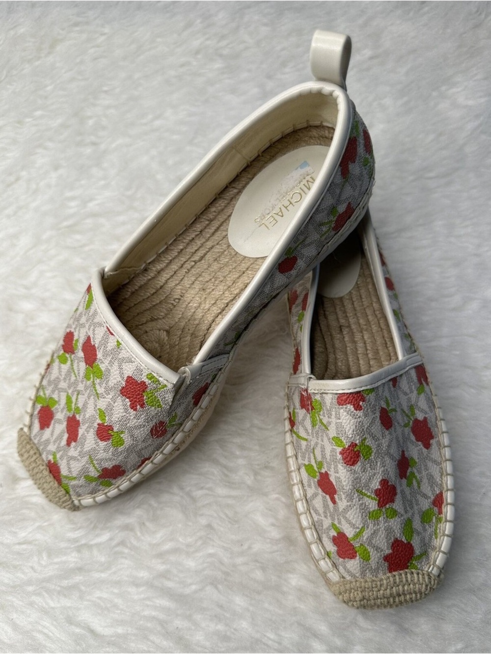 Michael Kors White Canvas Floral Espadrilles with Red and Green Accents